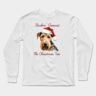 Christmas Airedale Dog in Santa Hat Long Sleeve T-Shirt